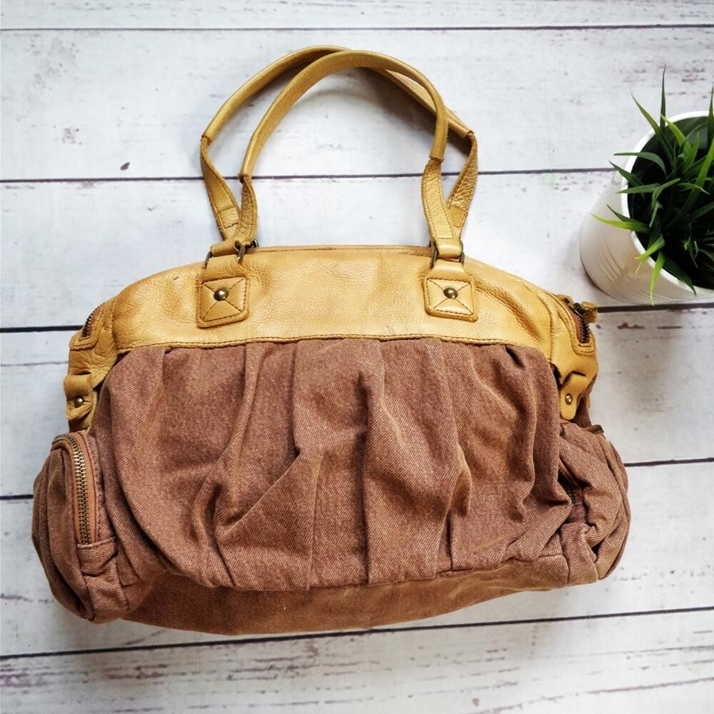 SCHULER AND SONS PHILADELPHIA Leather Canvas Purse Tan Brown Medium - Picture 4 of 8